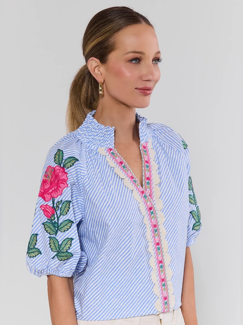 THML | Calla Blue Floral Embroidered Top - 100% cotton - Large - Picture 4 of 7
